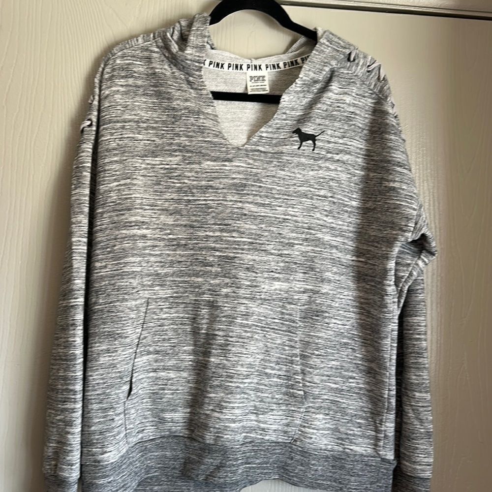 PINK grey torn v raw hem hoodie with shoulder lacings sz XS